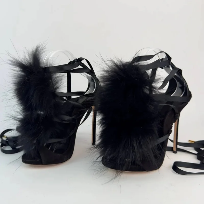 Street Fashion Outfit - Fur Lace Up Peep Toe Hollow