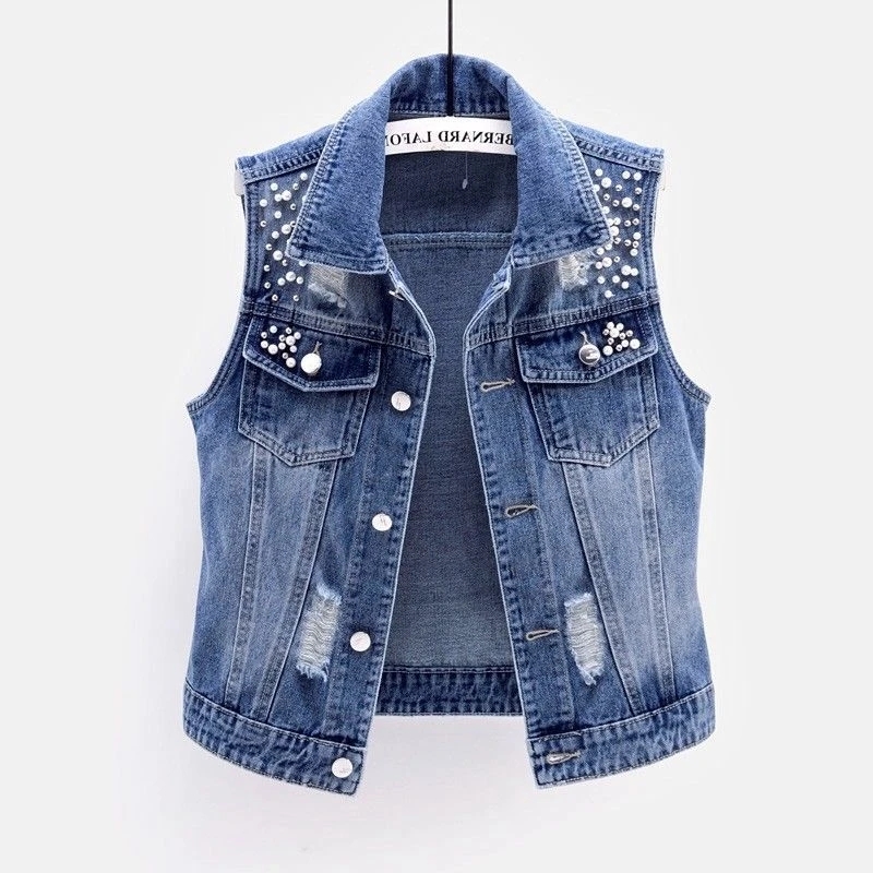 Street Fashion Jeans Women - Women Denim Vest Luxury Pearls Fashion
