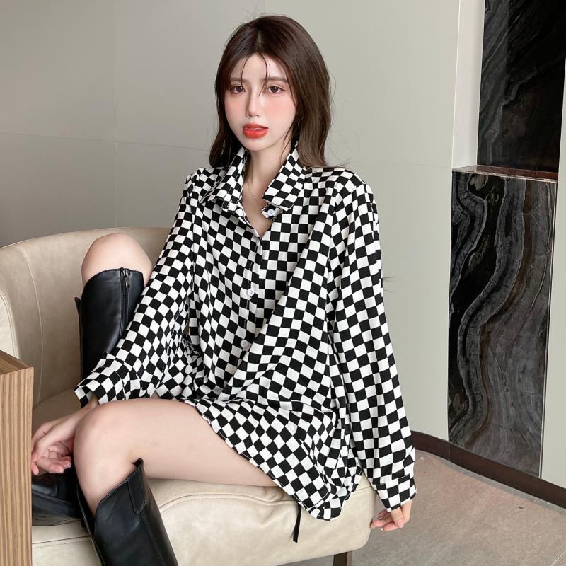 Polo Neck Plaid Button Loose H - đánh giá và giá Street Fashion Youth