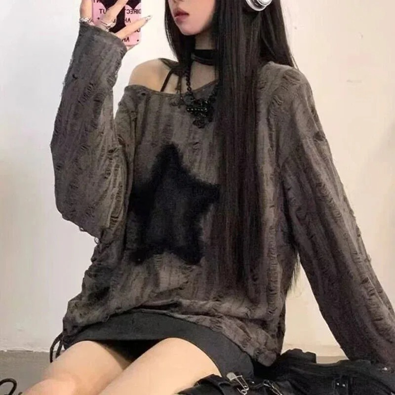 Y2K Hole Star Print T-Shirt Wo - đánh giá và giá Street Fashion Kpop