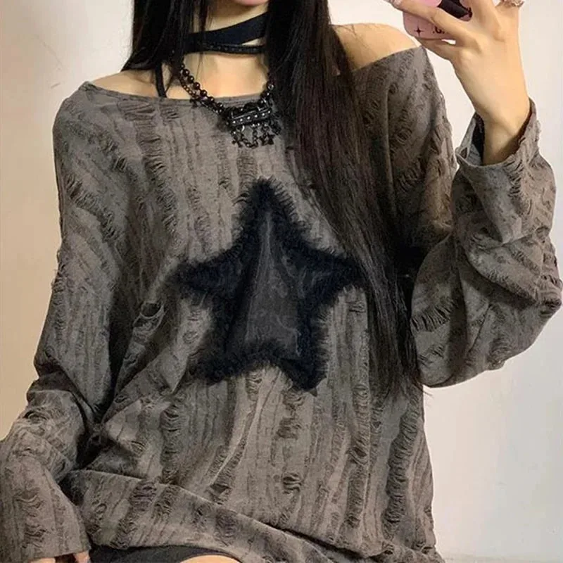 Y2K Hole Star Print T-Shirt Wo - đánh giá và giá Street Fashion Kpop