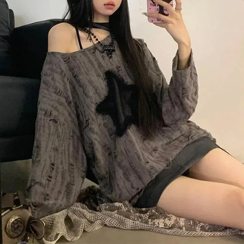Y2K Hole Star Print T-Shirt Wo - đánh giá và giá Street Fashion Kpop