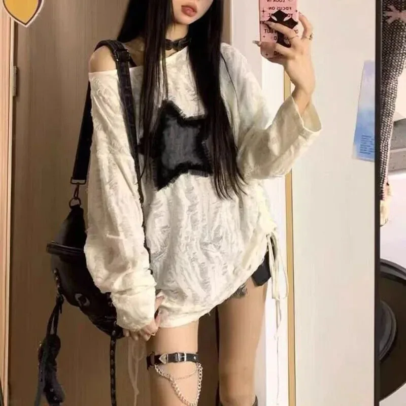 Y2K Hole Star Print T-Shirt Wo - đánh giá và giá Street Fashion Kpop